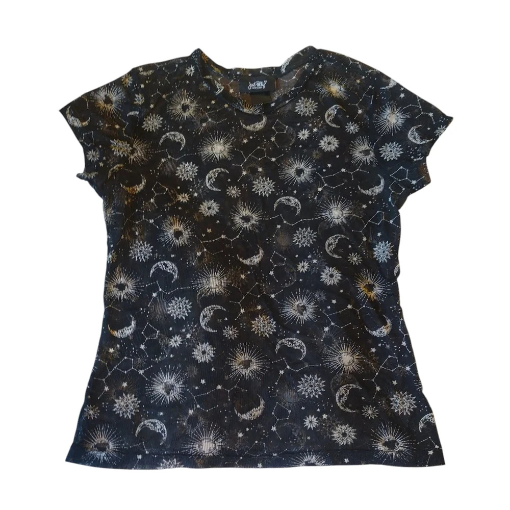 Just Polly NY Black and White Constellation Witchy Starry Print Sheer Top Sz S-L